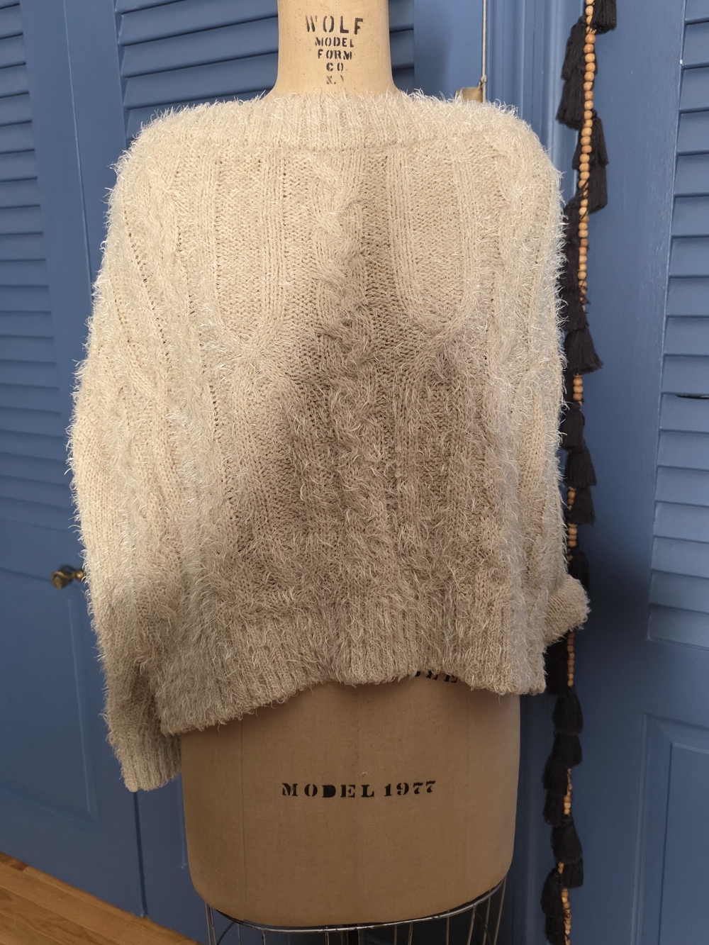 Forever 21 Cream Fuzzy Cable-Knit Sweater